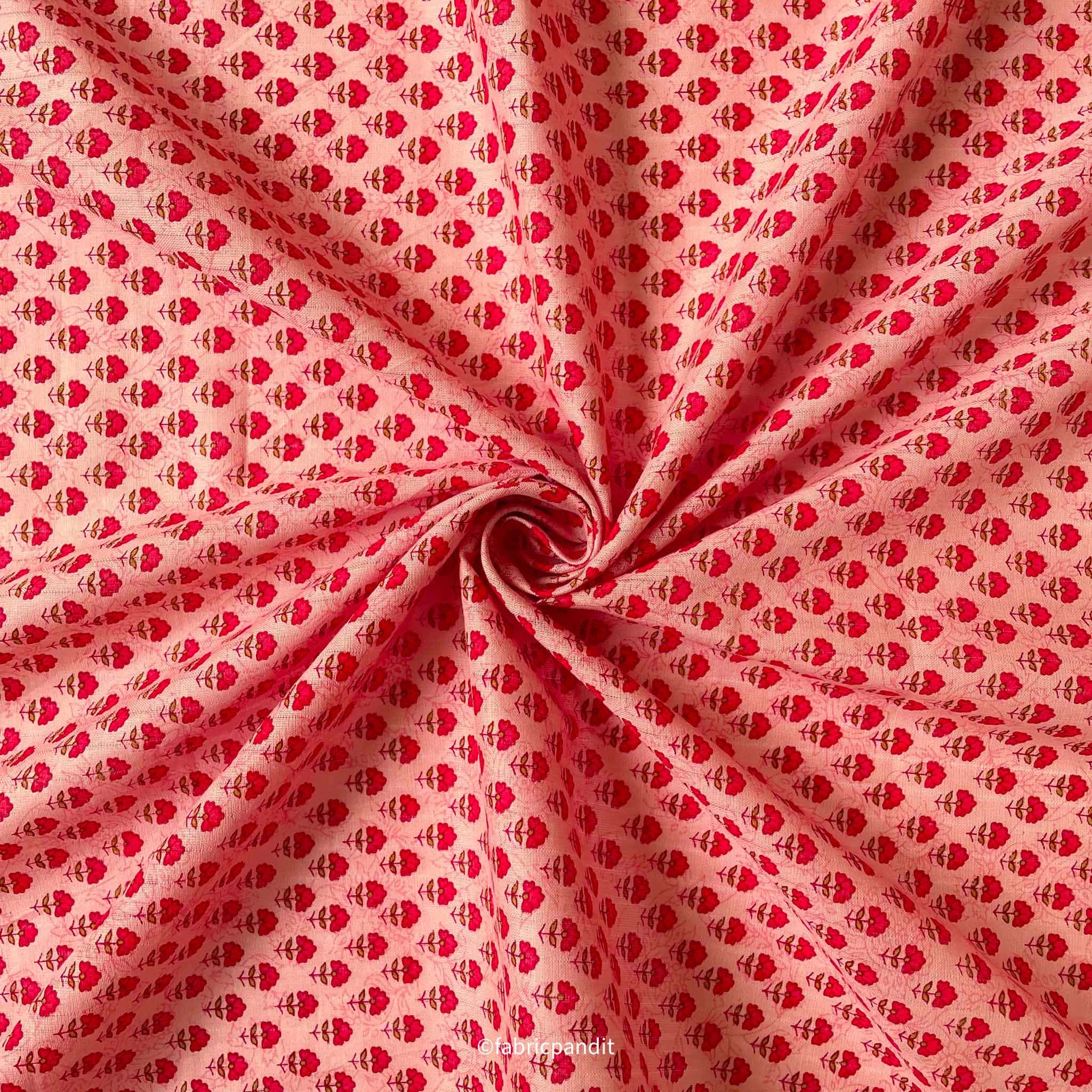 Peach Floral Hand Block Printed Cotton Fabric