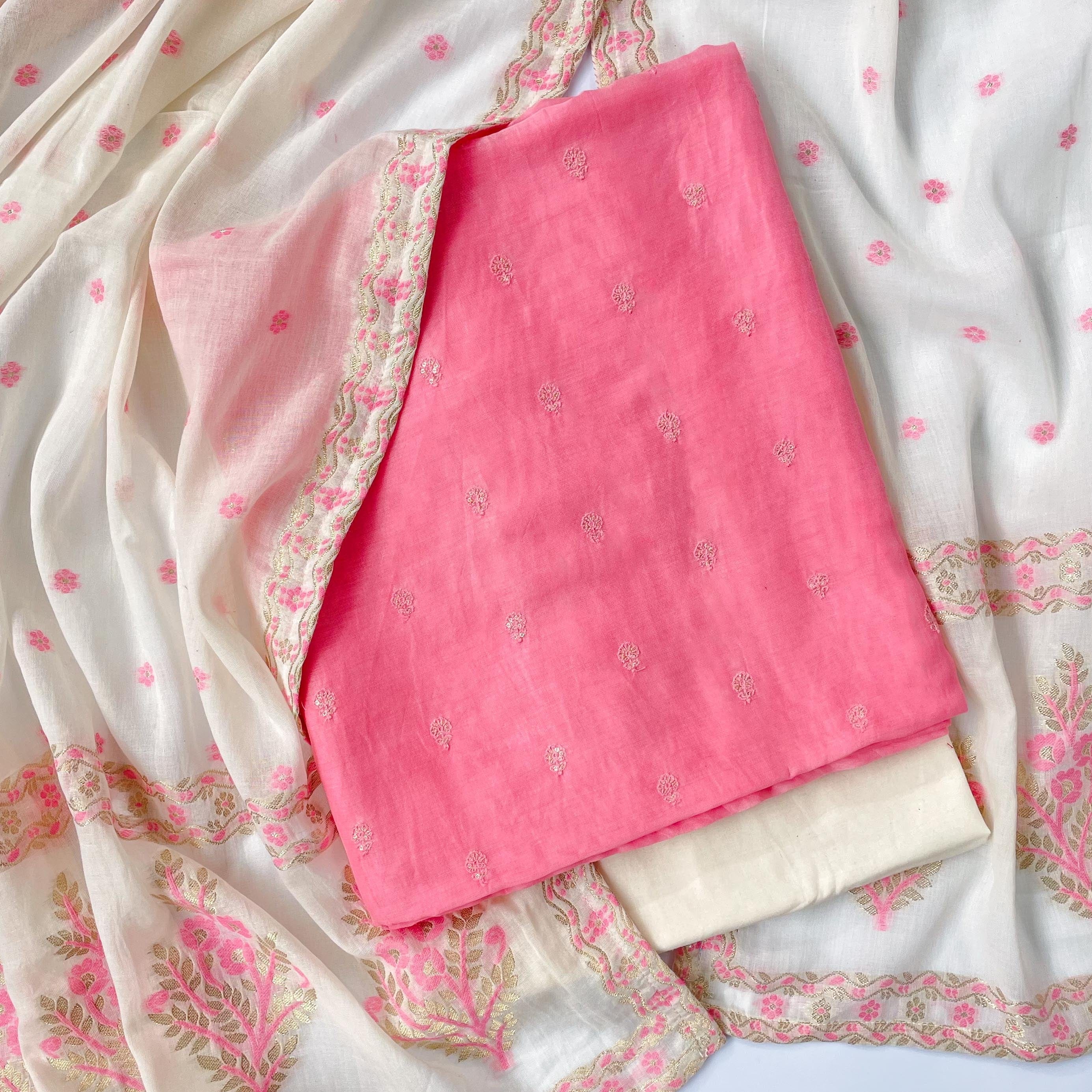 Orange - 3pc Chanderi Silk Handloom Flower Zari Buti Unstitched Suit Material Set