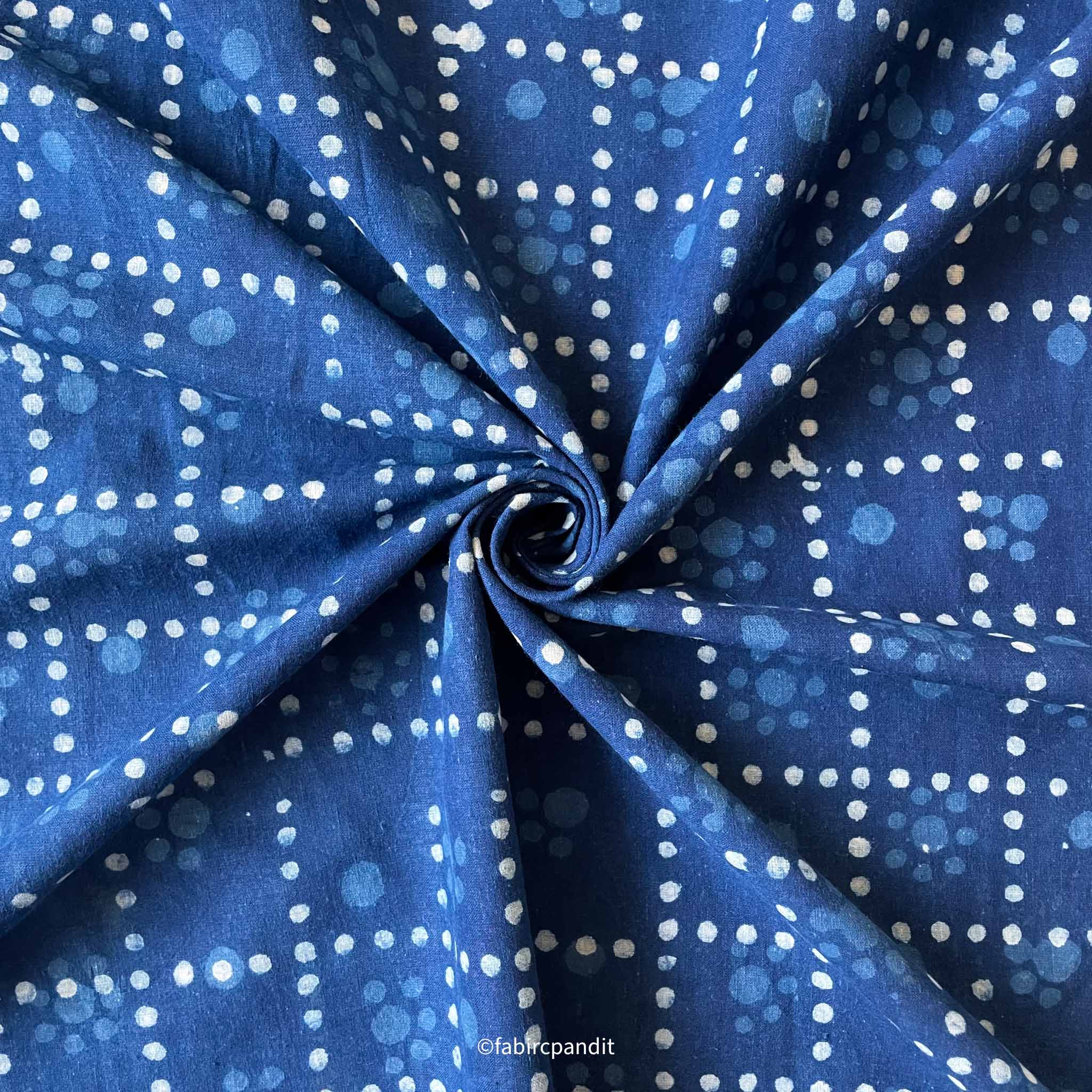 Indigo Dabu Natural Dyed Dotted Checks Hand Block Printed Pure Cotton