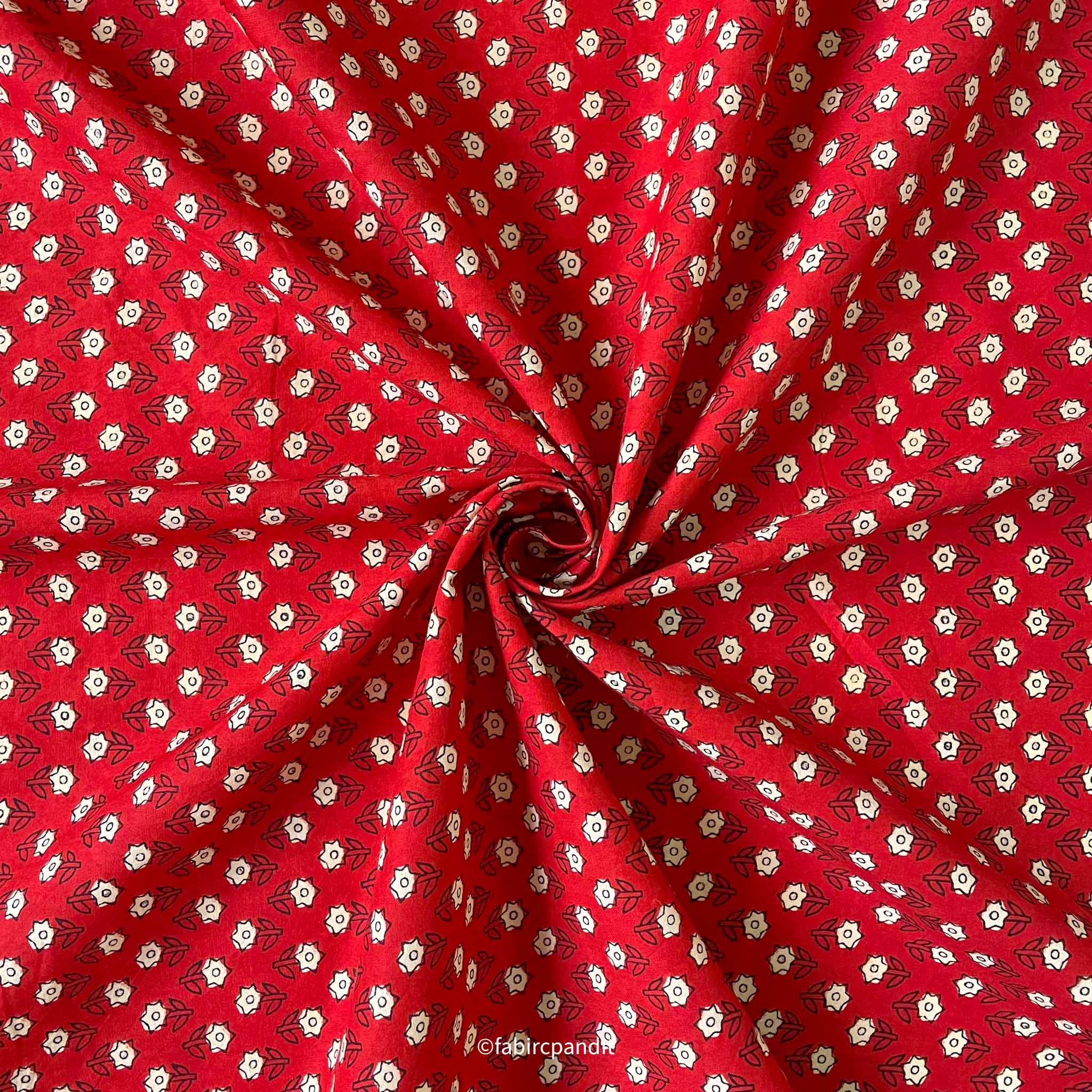 Red and White Geometric Floral Hand Block Printed Pure Cotton Fabric