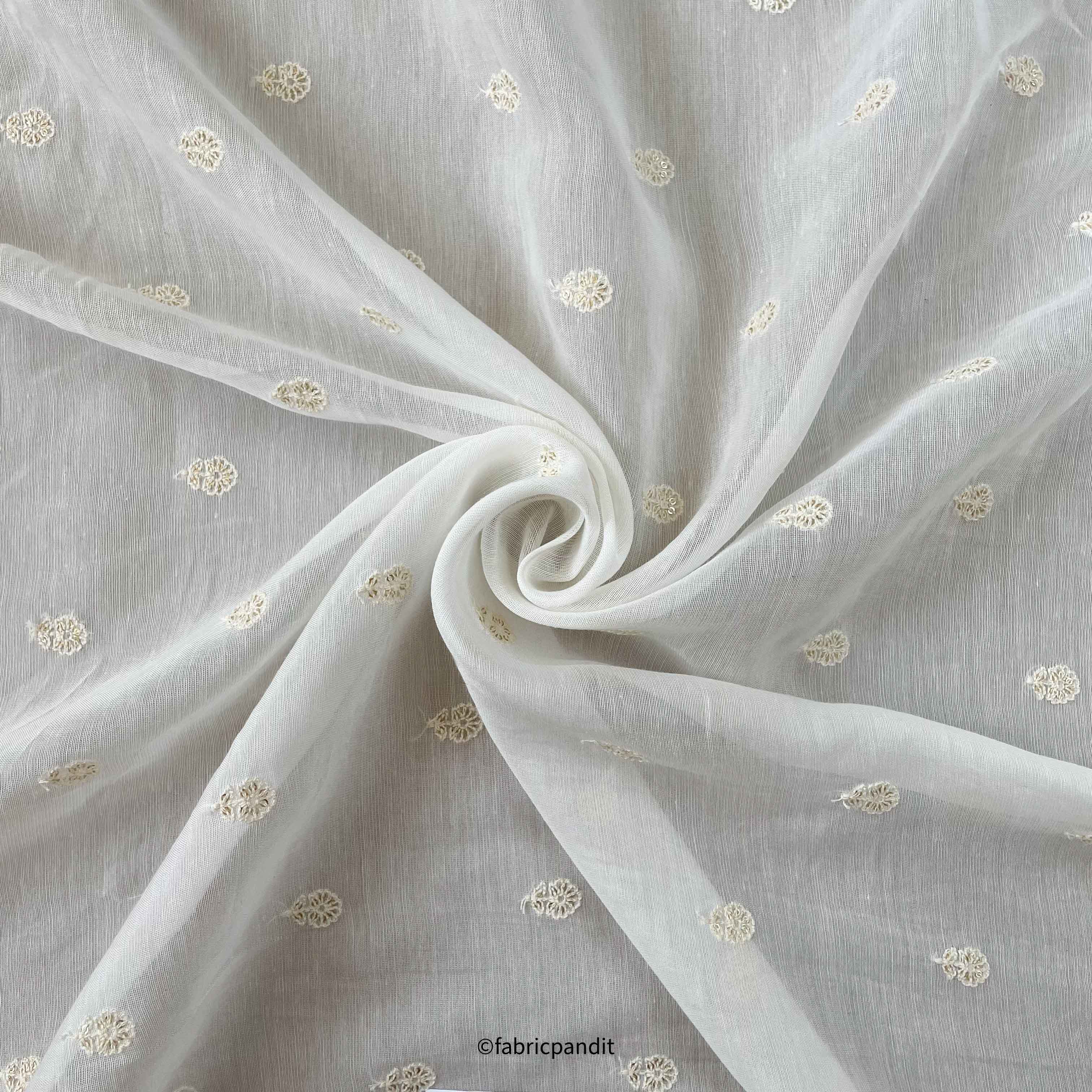 White Dyeable Mini Sunflower Embroidered Fine Chanderi Silk Fabric (Width  46 Inches)