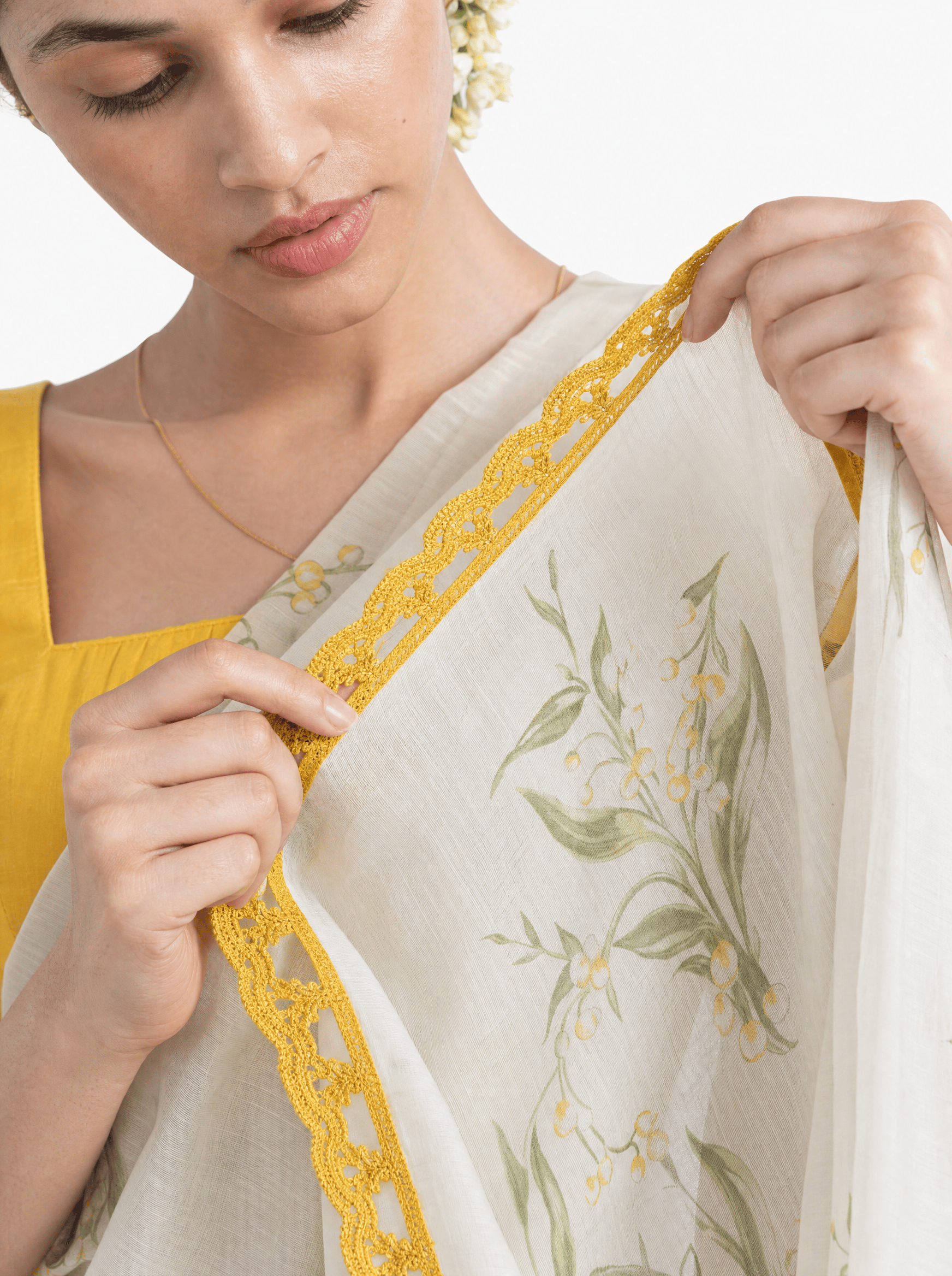 Pure White & Yellow Mul Chanderi Saree