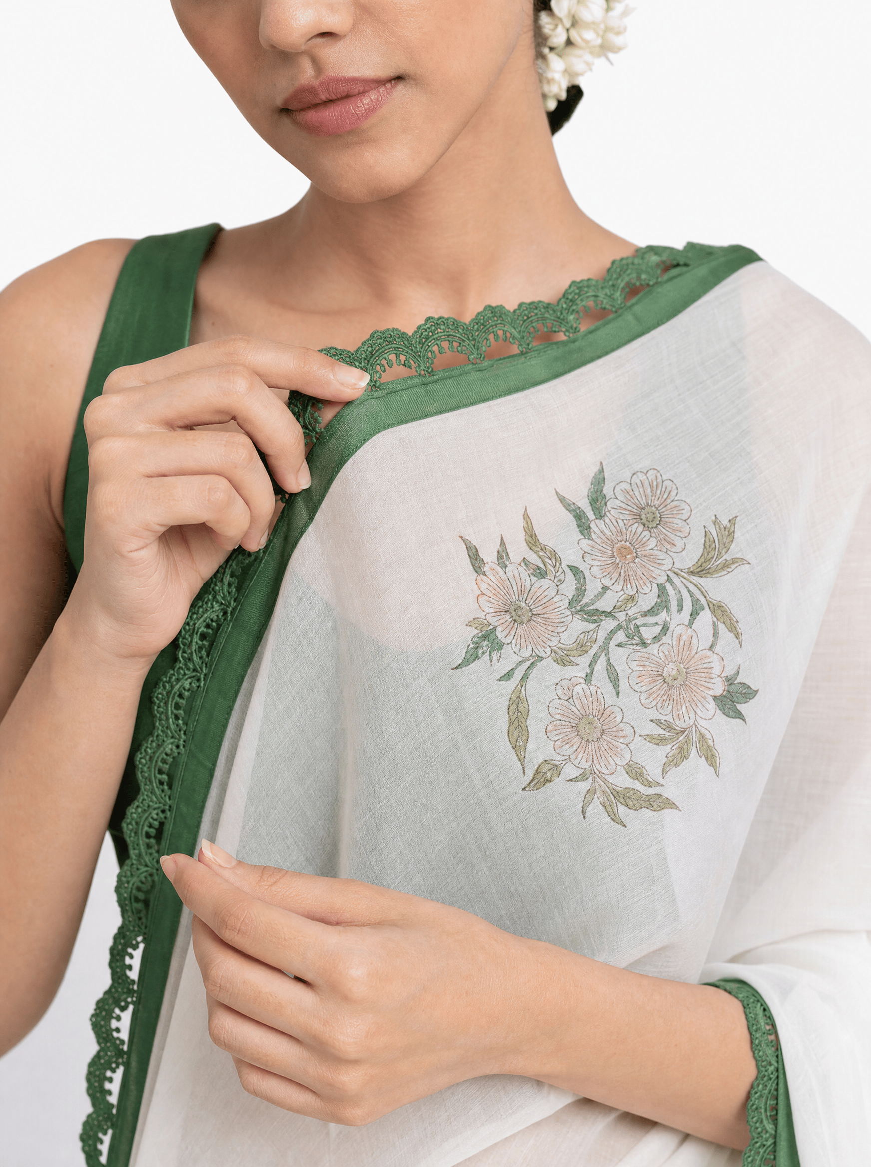 Pure White & Green Mul Chanderi Saree