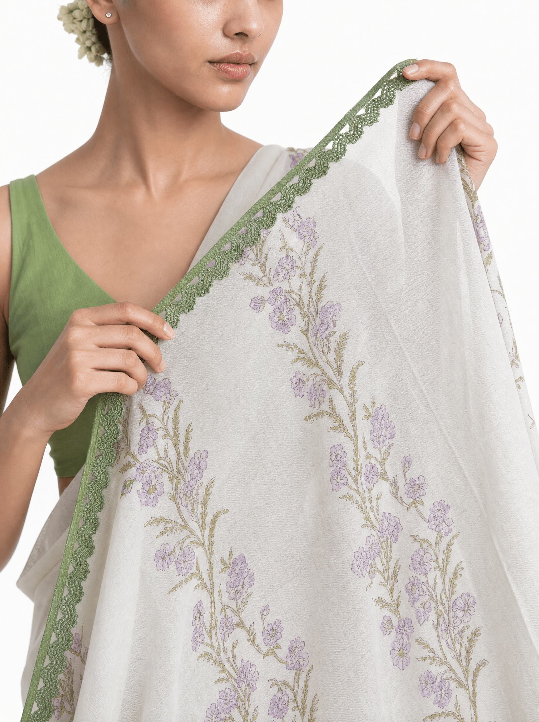 Pure White & Light Green Mul Chanderi Saree