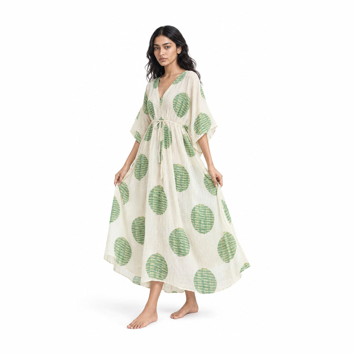A Story With Blocks Fabric Fabric Off-White & Green Mul Chanderi Crush Fabric
