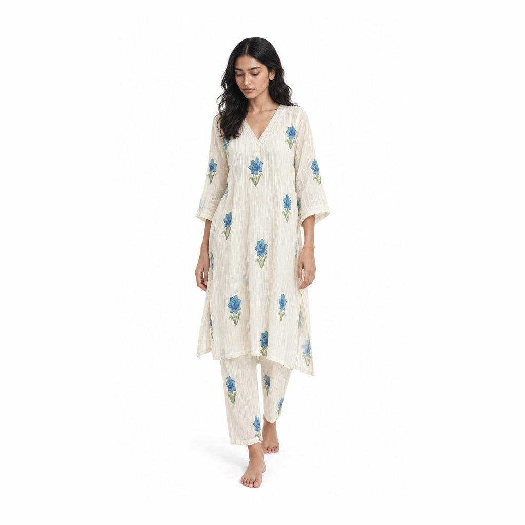 A Story With Blocks Fabric Fabric Off-White & Indigo Mul Chanderi Crush Fabric