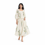 A Story With Blocks Fabric Fabric Off-White & Light Green Mul Chanderi Crush Fabric