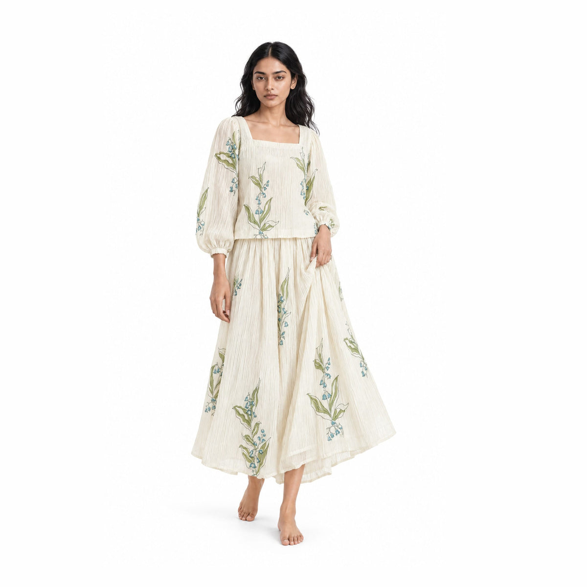 A Story With Blocks Fabric Fabric Off-White & Light Green Mul Chanderi Crush Fabric