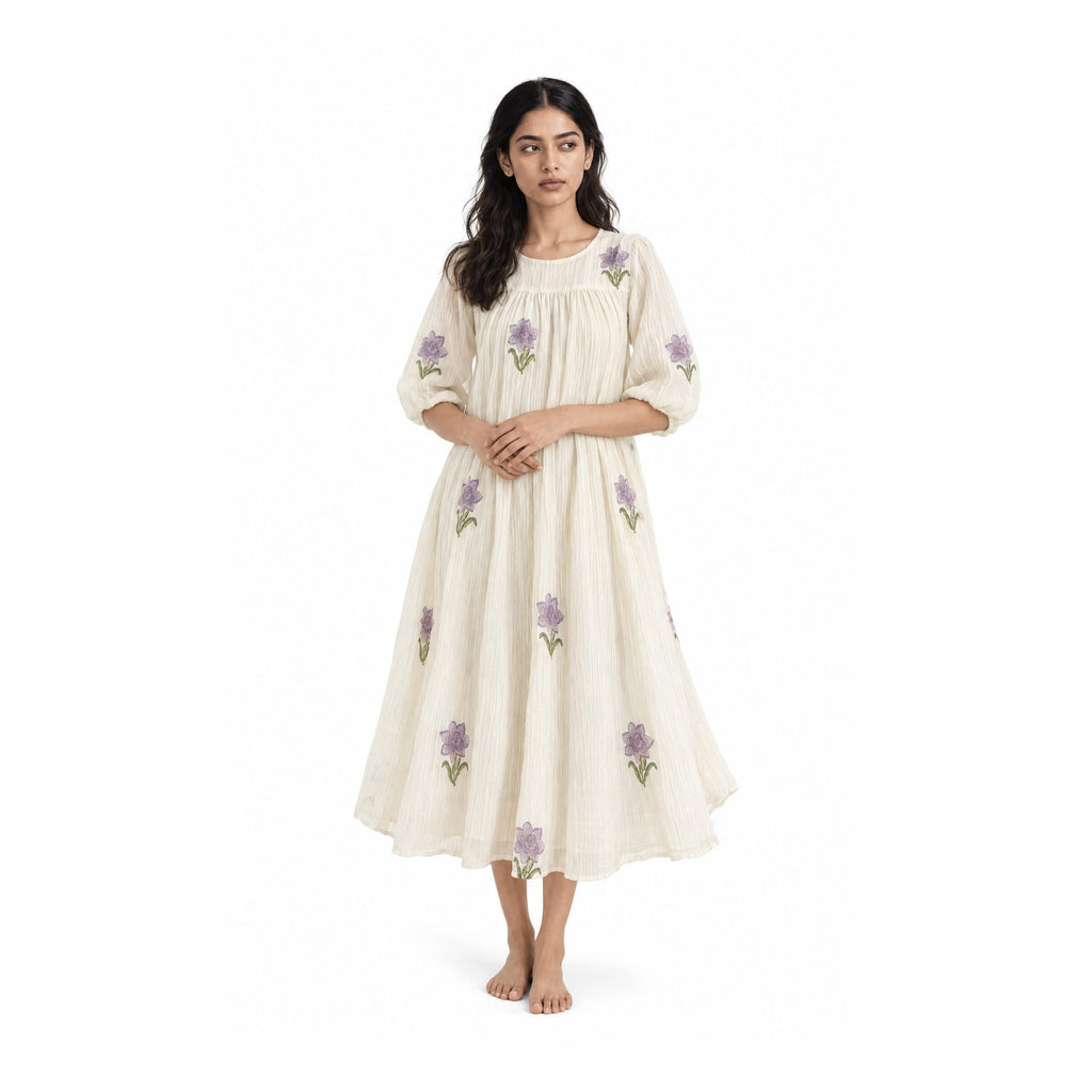 A Story With Blocks Fabric Fabric Off-White & Lilac Mul Chanderi Crush Fabric