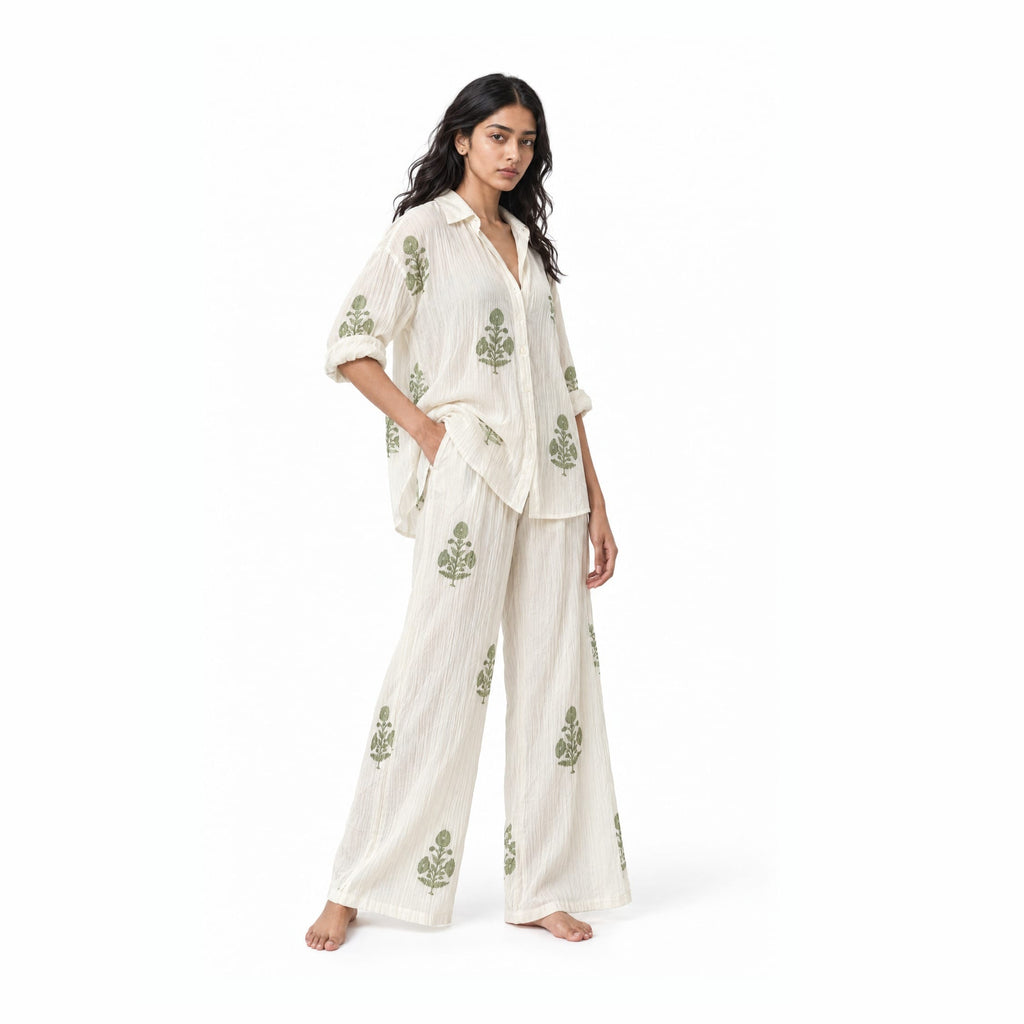 A Story With Blocks Fabric Fabric Off-White & Moss Green Mul Chanderi Crush Fabric