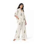 A Story With Blocks Fabric Fabric Off-White & Moss Green Mul Chanderi Crush Fabric