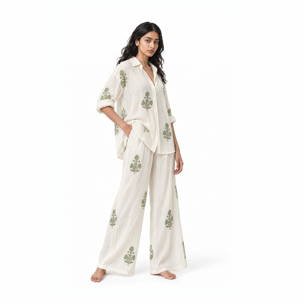 A Story With Blocks Fabric Fabric Off-White & Moss Green Mul Chanderi Crush Fabric