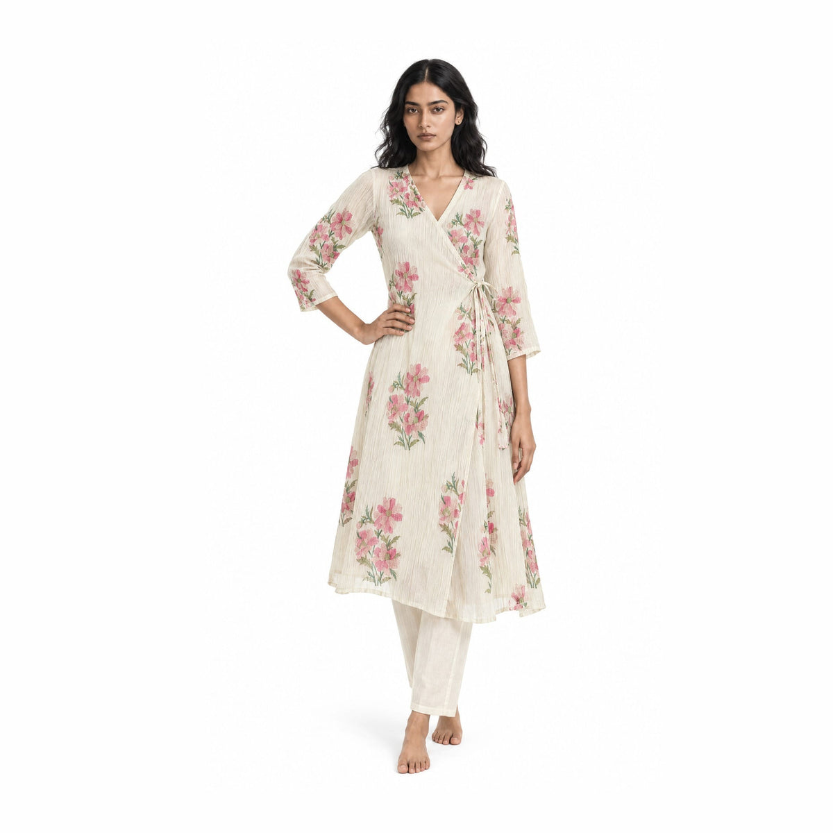 A Story With Blocks Fabric Fabric Off-White & Pink Mul Chanderi Crush Fabric