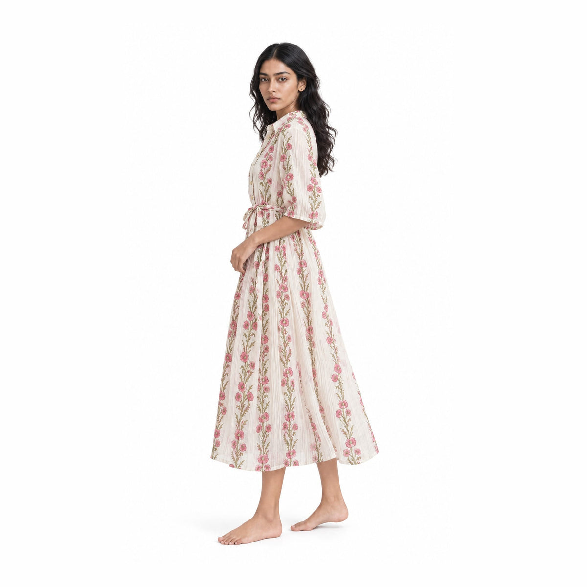 A Story With Blocks Fabric Fabric Off-White & Soft Pink Mul Chanderi Crush Fabric
