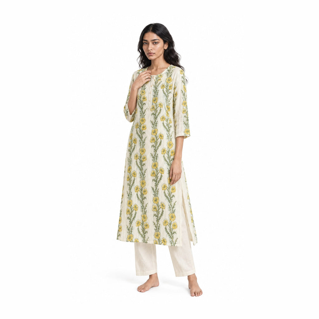 A Story With Blocks Fabric Fabric Off-White & Yellow Mul Chanderi Crush Fabric