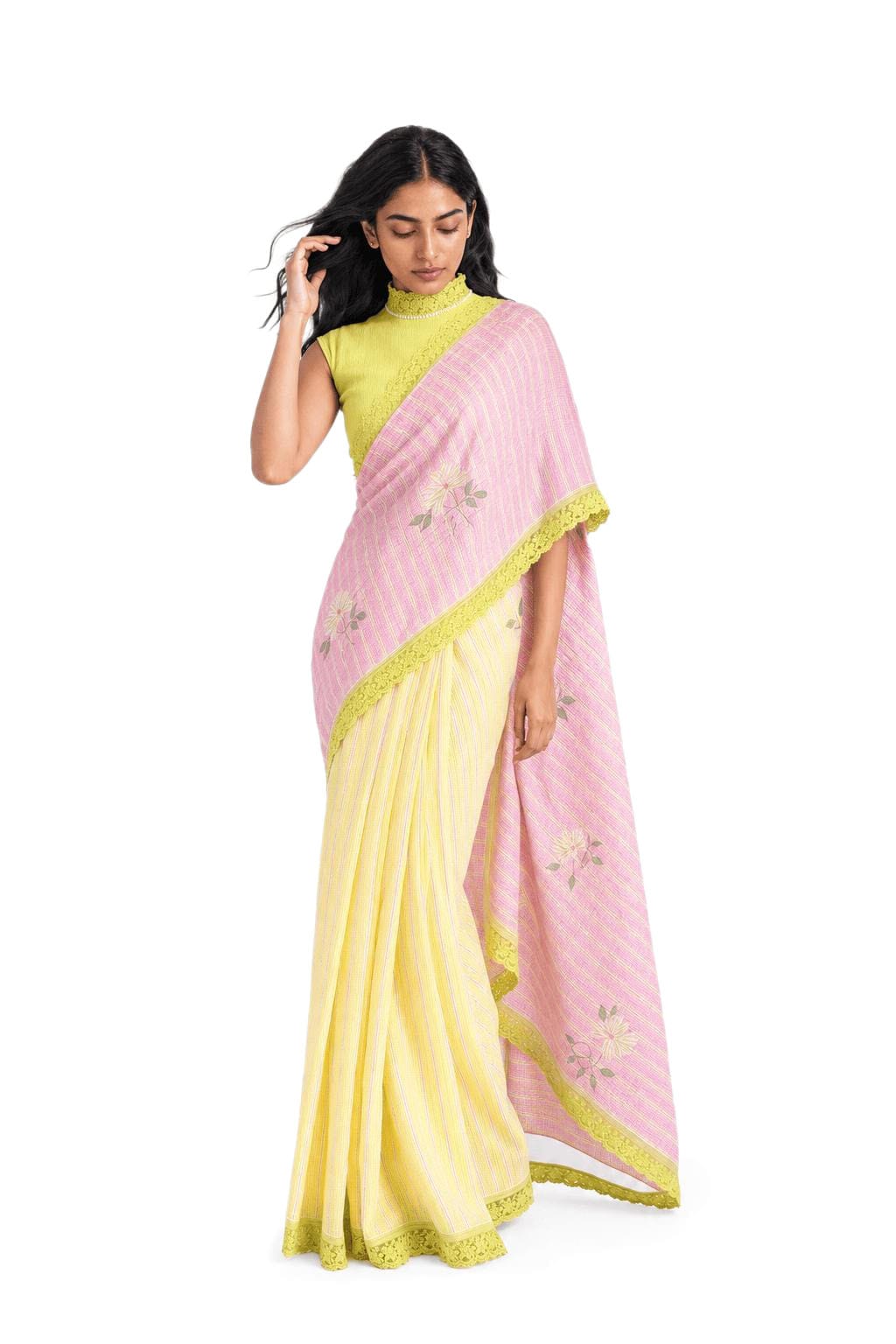 After Summer Saree Saree Blush Pink & Bright Yellow Mul Chanderi Crush Saree