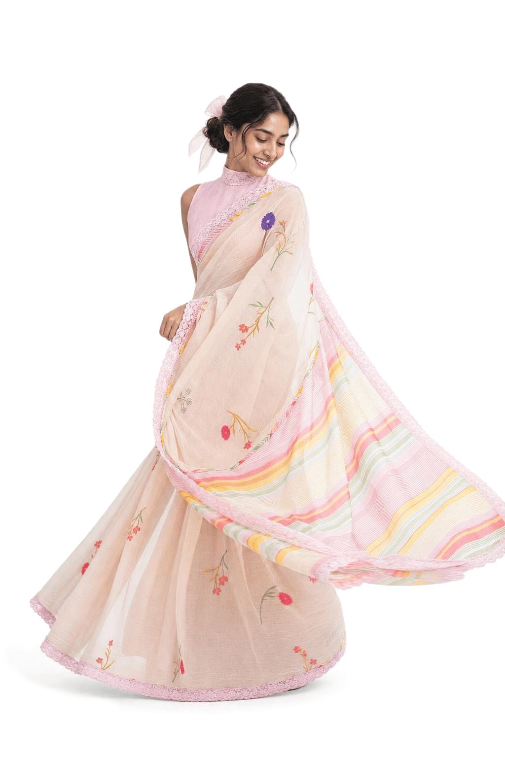 After Summer Saree Saree Light Peach & Baby Pink Mul Chanderi Crush Saree