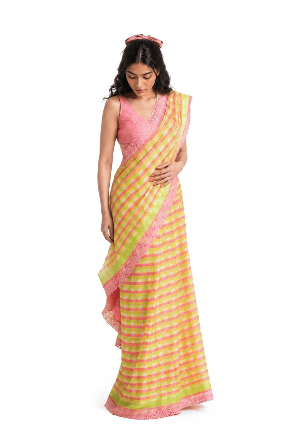 After Summer Saree Saree Salmon Pink & Yellow Mul Chanderi Crush Saree