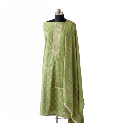 Bandhani Cotton Satin Suit Set Unstitched Suit Light Green Geometric Floral Earthen Bandhani print pure Cotton Satin Unstitched Suit Set