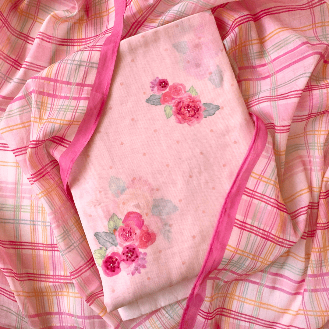 Blooms & Knots Unstitched Suit Unstitched Suit Blush Pink Blooms & Knots Hand Embroidered & Printed Pure Mul Chanderi Unstitched Suit Sets