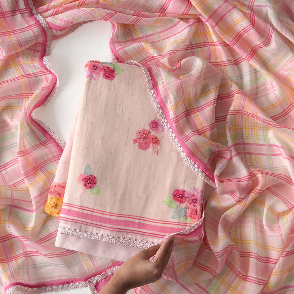 Blooms & Knots Unstitched Suit Unstitched Suit Blush Pink Chanderi Suit Set