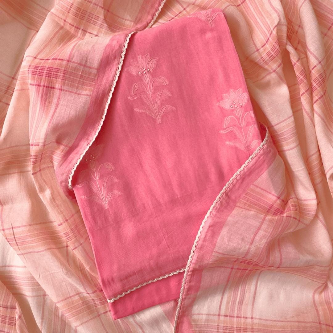 Blooms & Knots Unstitched Suit Unstitched Suit Bright Peach Chanderi Suit Set