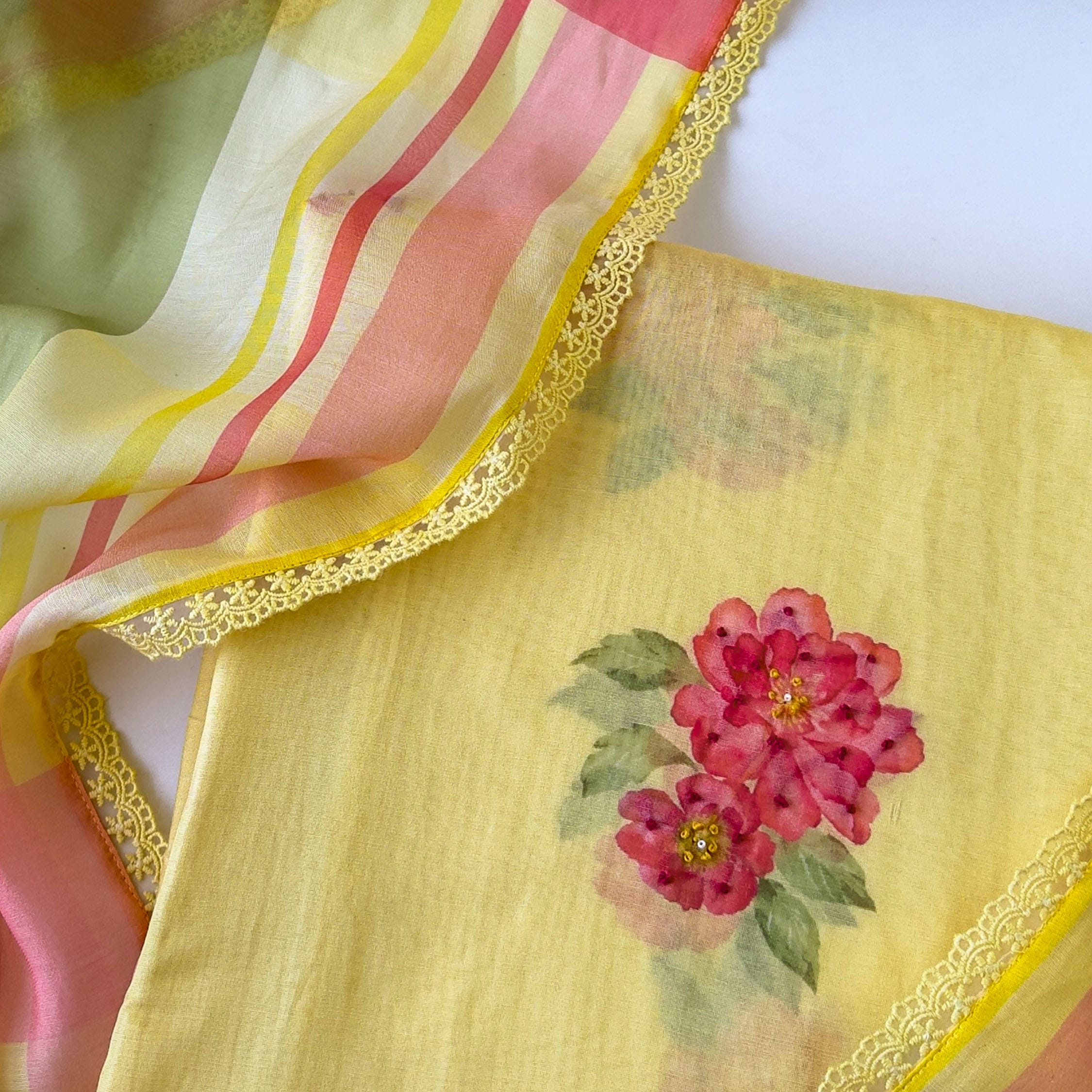 Blooms & Knots Unstitched Suit Unstitched Suit Bright Yellow Mul Chanderi Suit Set