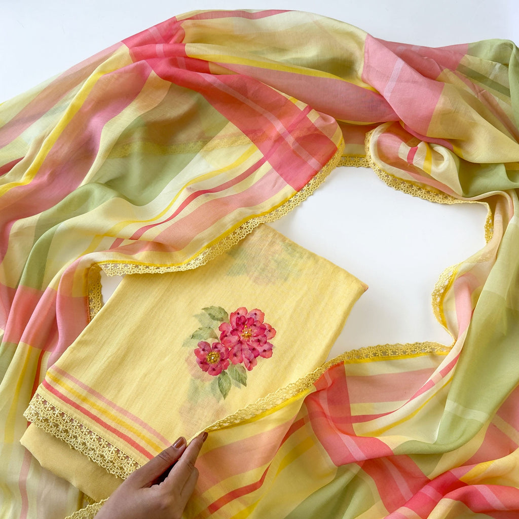 Blooms & Knots Unstitched Suit Unstitched Suit Bright Yellow Mul Chanderi Suit Set
