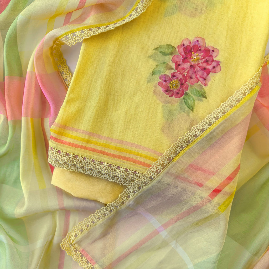 Blooms & Knots Unstitched Suit Unstitched Suit Bright Yellow Mul Chanderi Suit Set