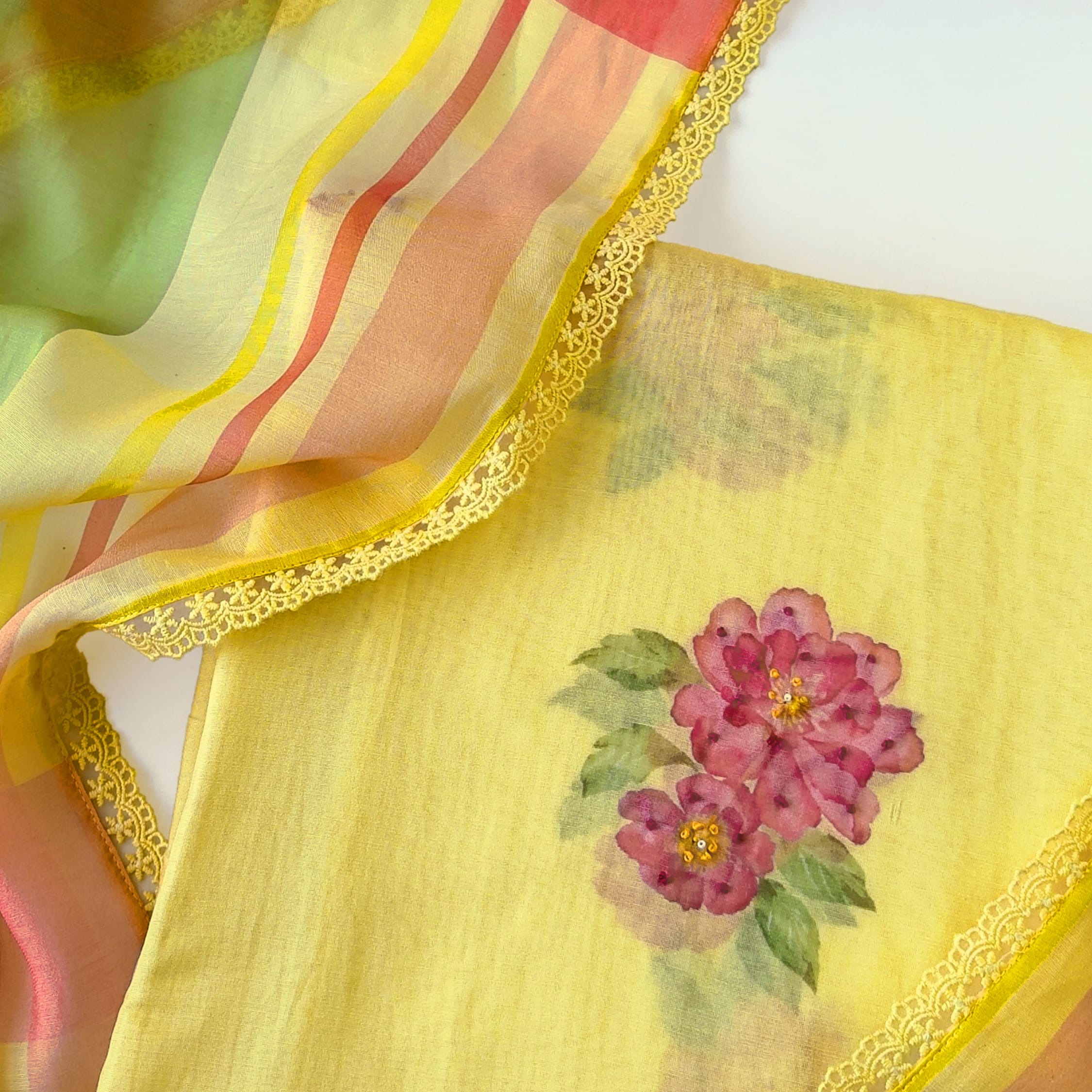 Blooms & Knots Unstitched Suit Unstitched Suit Bright Yellow Mul Chanderi Suit Set
