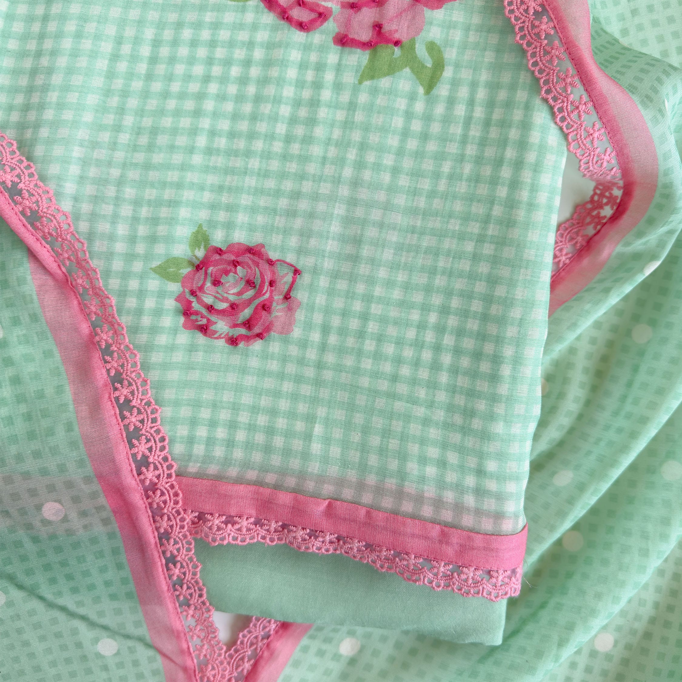 Blooms & Knots Unstitched Suit Unstitched Suit Pastel Green & Pink Mul Chanderi Suit Set