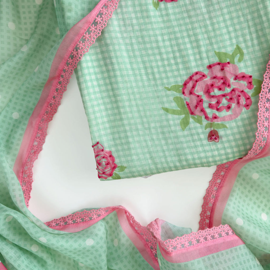 Blooms & Knots Unstitched Suit Unstitched Suit Pastel Green & Pink Mul Chanderi Suit Set