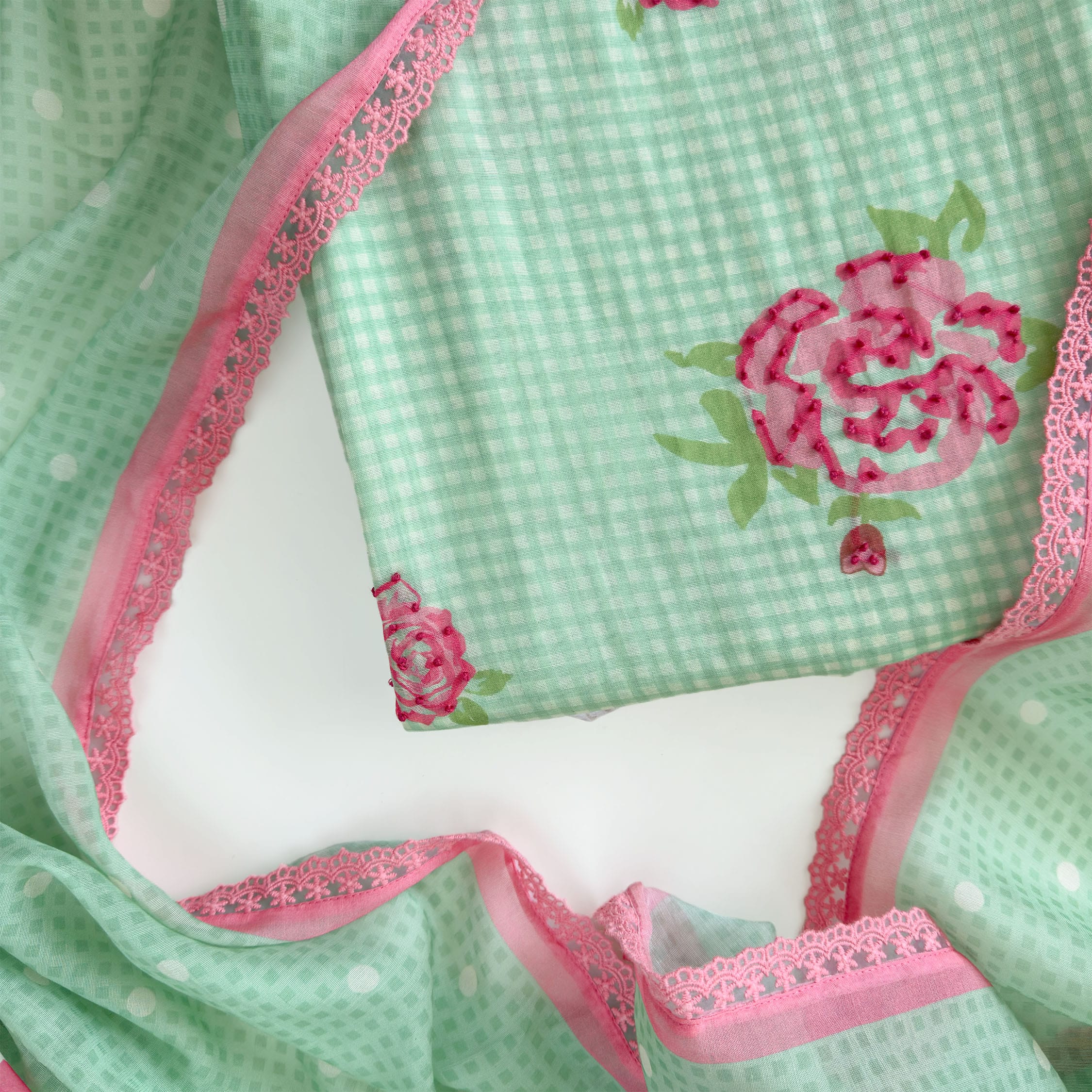 Blooms & Knots Unstitched Suit Unstitched Suit Pastel Green & Pink Mul Chanderi Suit Set