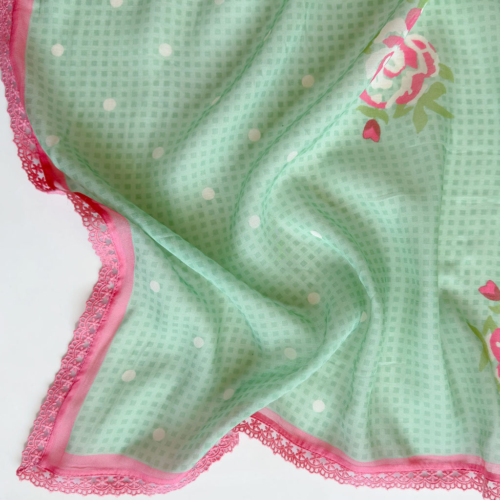 Blooms & Knots Unstitched Suit Unstitched Suit Pastel Green & Pink Mul Chanderi Suit Set