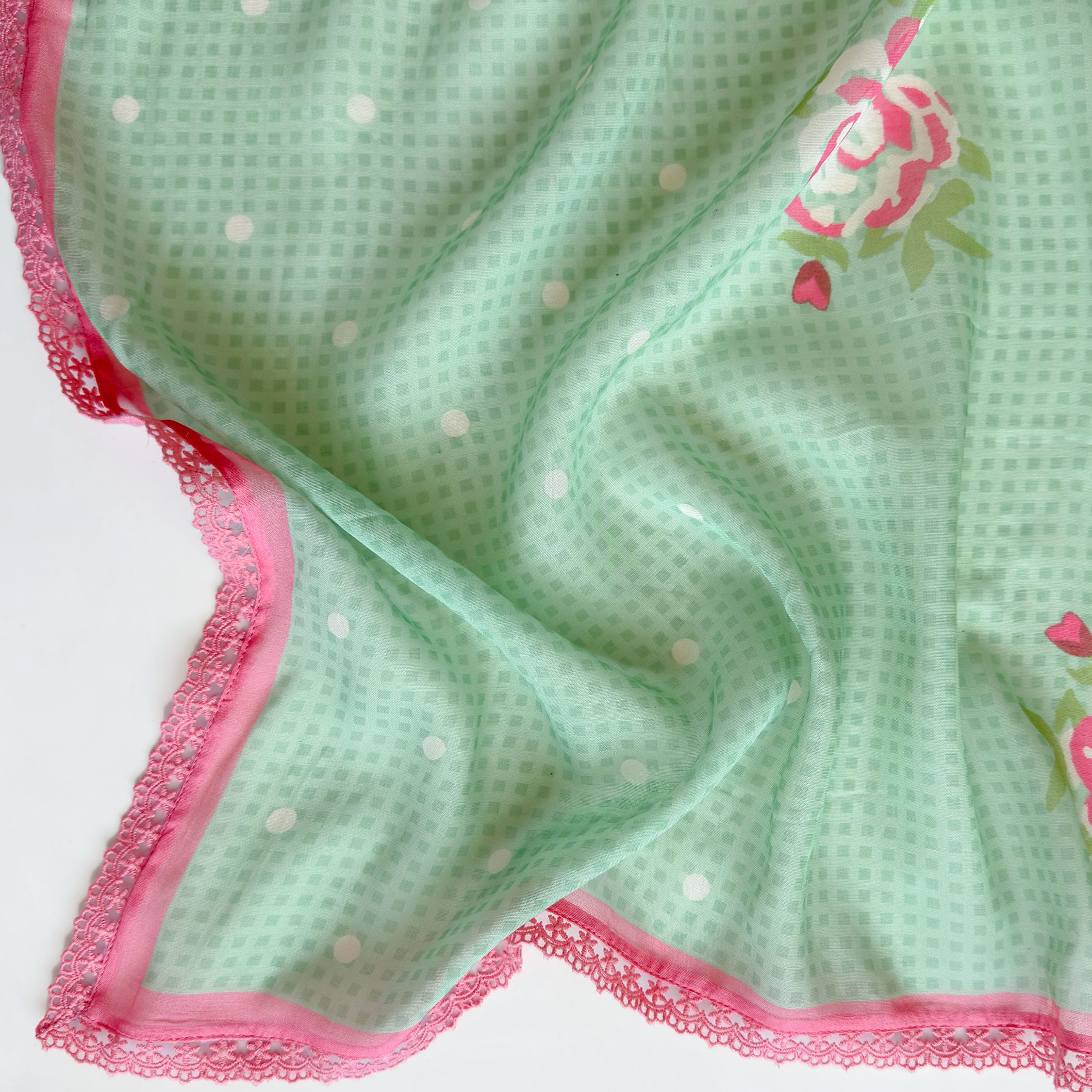 Blooms & Knots Unstitched Suit Unstitched Suit Pastel Green & Pink Mul Chanderi Suit Set