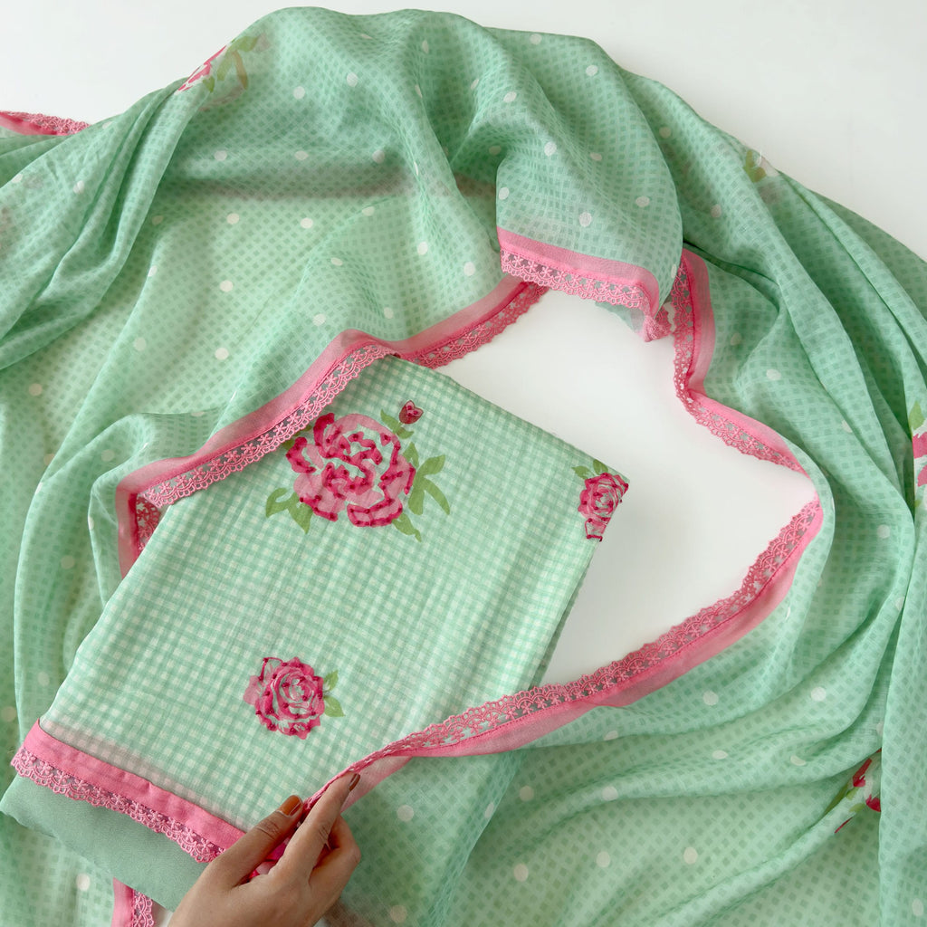 Blooms & Knots Unstitched Suit Unstitched Suit Pastel Green & Pink Mul Chanderi Suit Set