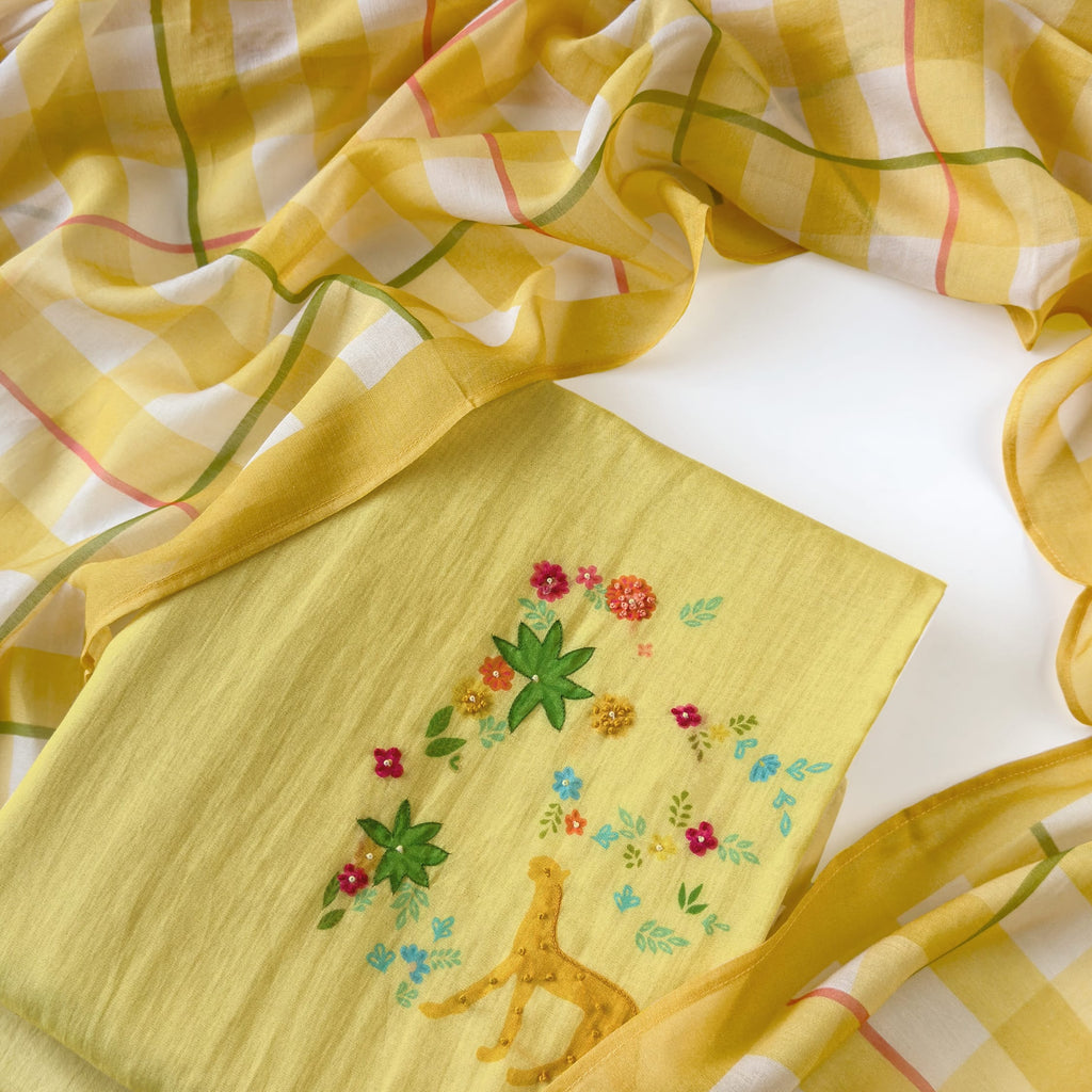Blooms & Knots Unstitched Suit Unstitched Suit Summer Yellow Mul Chanderi Suit Set