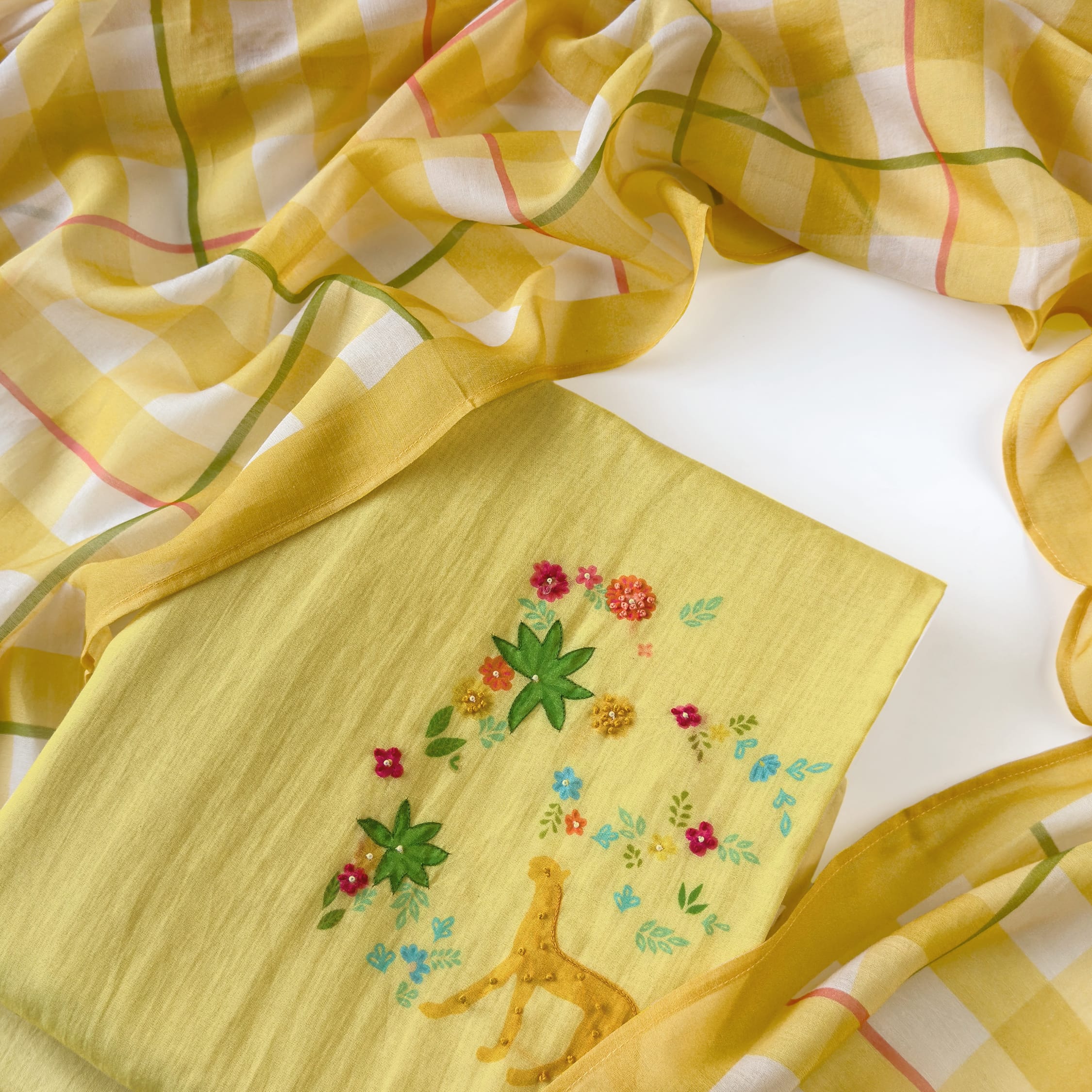 Blooms & Knots Unstitched Suit Unstitched Suit Summer Yellow Mul Chanderi Suit Set