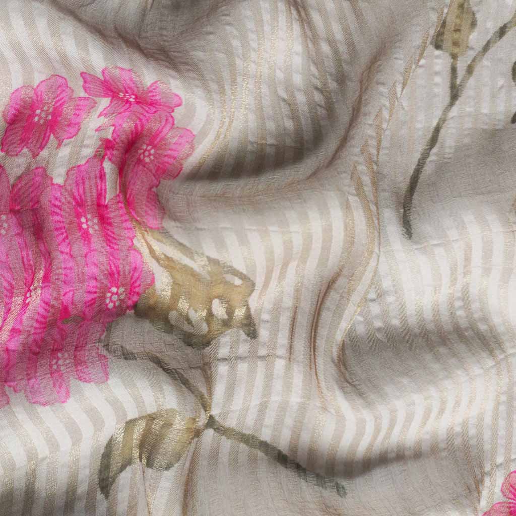 Blouse Piece Blouse Piece 0.80 MTR Olive Green & Pink Floral Printed Tissue Stripes Blouse Piece (0.80 Meter Piece | Width 44 Inches)