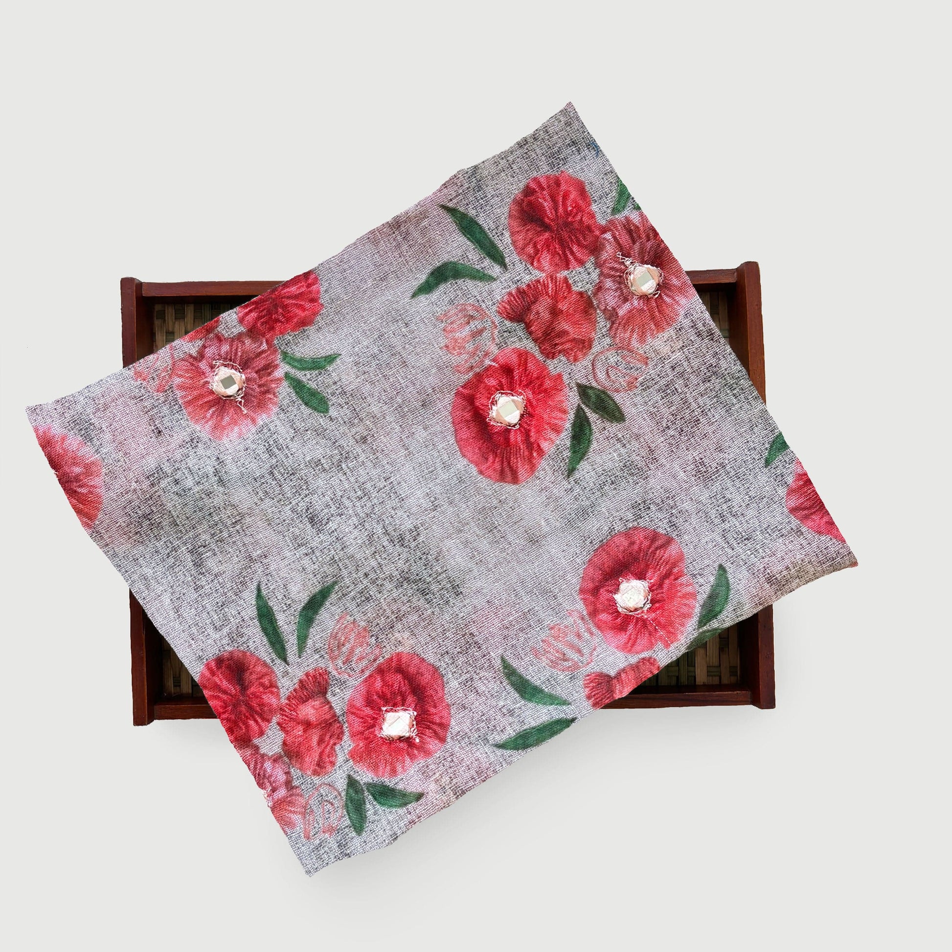 Blouse Piece Blouse Piece Grey & Red Floral Blended Linen Blouse Piece (1.25 Meter Piece | Width 41 Inches)