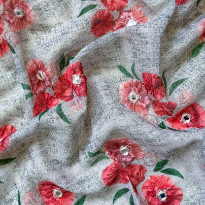 Blouse Piece Blouse Piece Grey & Red Floral Blended Linen Blouse Piece (1.25 Meter Piece | Width 41 Inches)