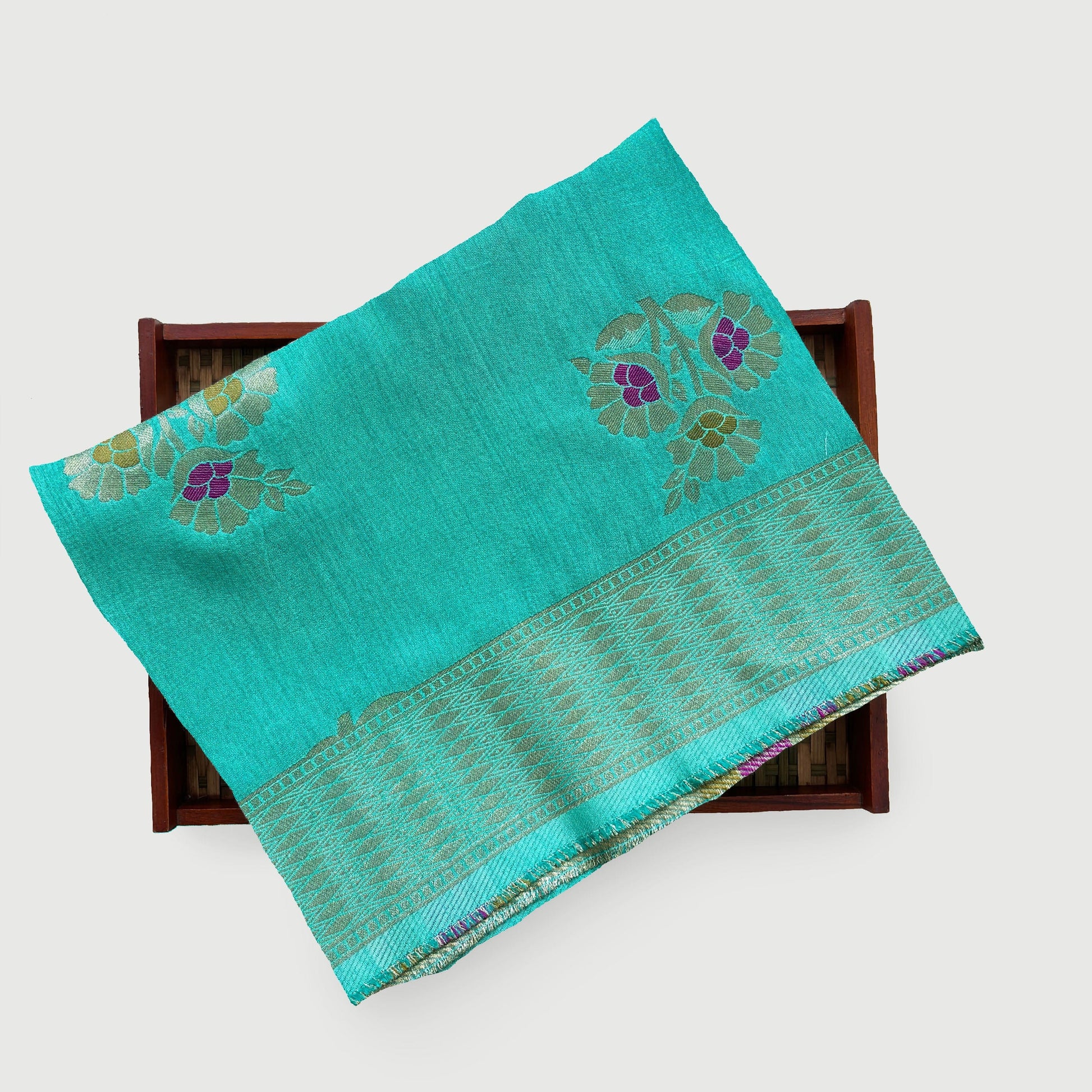 Blouse Piece Blouse Piece Turquoise Floral Woven Raw Silk Blouse Piece (1 Meter Piece | Width 36 Inches)