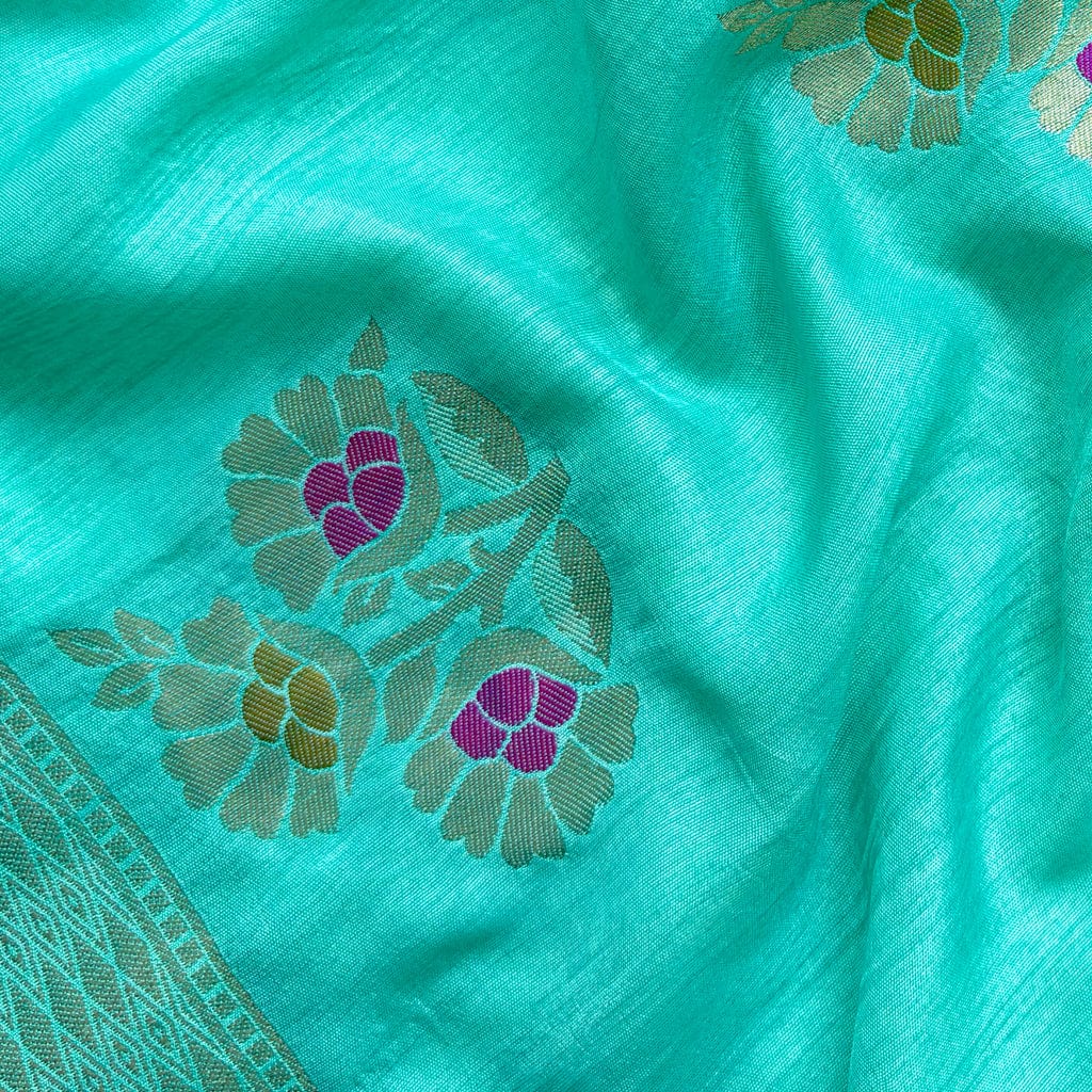 Blouse Piece Blouse Piece Turquoise Floral Woven Raw Silk Blouse Piece (1 Meter Piece | Width 36 Inches)