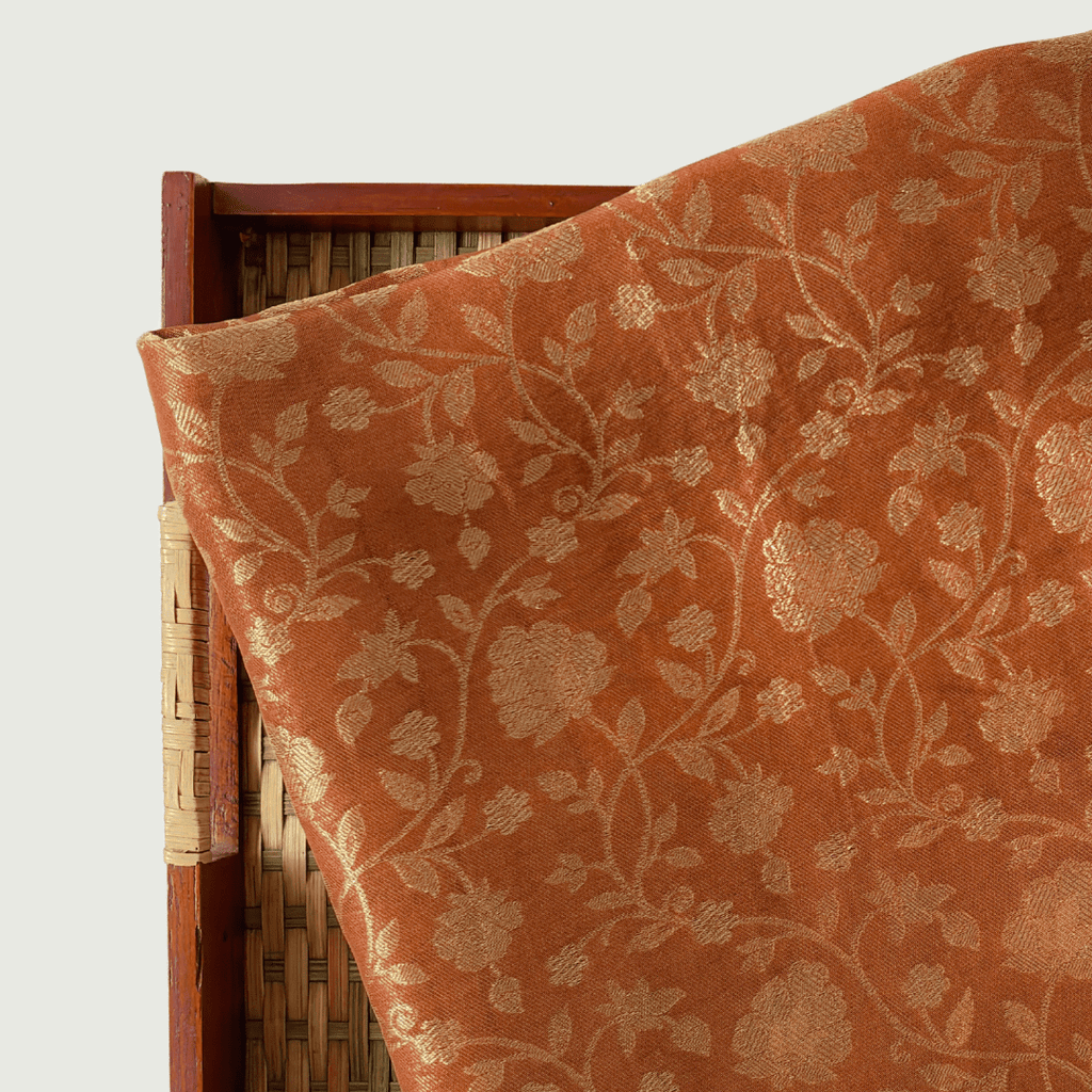 Cloth of Gold Fabric Cut Piece (CUT PIECE) Saffron Shahi Jaal Cloth of Gold Woven Pure Banarasi Silk Fabric (Width 35 Inches)