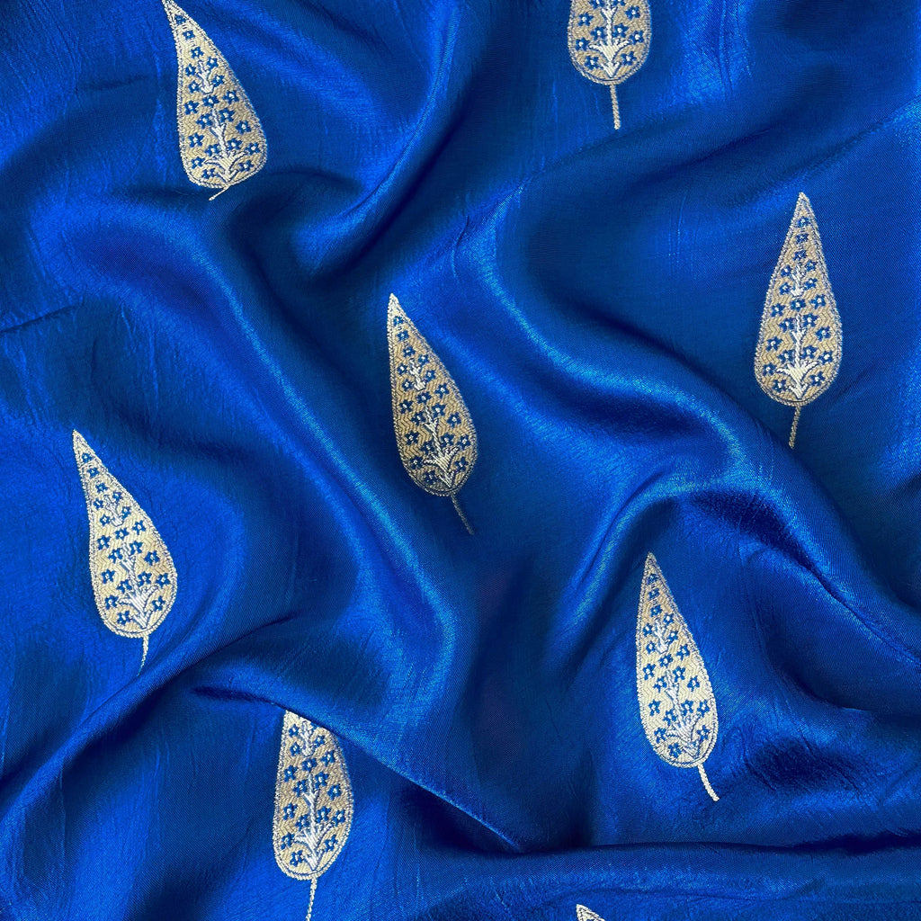 Cloth of Gold Kurta Set Cut Piece (CUT PIECE) Bright Blue Tree Of Life Cloth of Gold Woven Pure Russian Silk Fabric (Width 36 Inches)