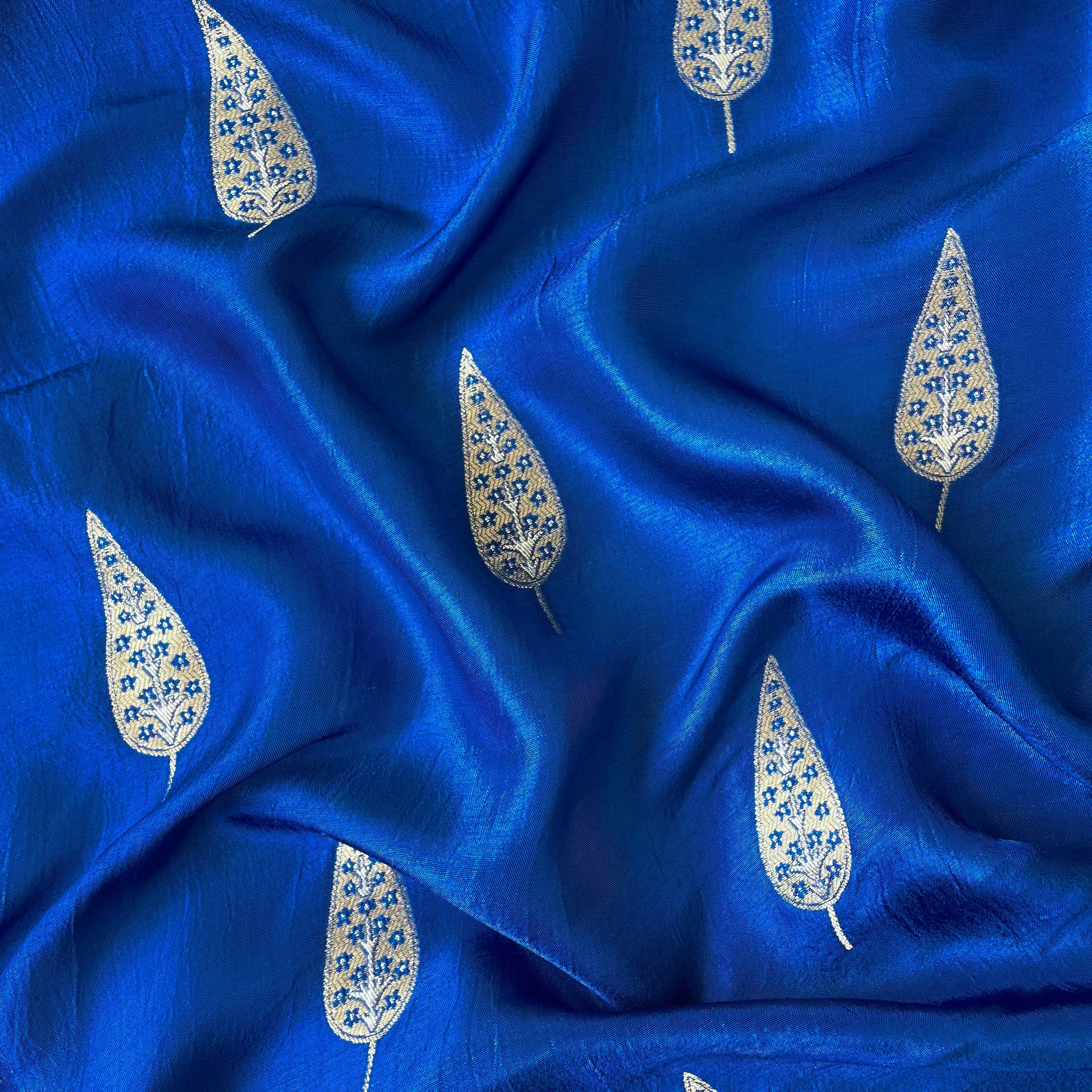 Cloth of Gold Kurta Set Cut Piece (CUT PIECE) Bright Blue Tree Of Life Cloth of Gold Woven Pure Russian Silk Fabric (Width 36 Inches)