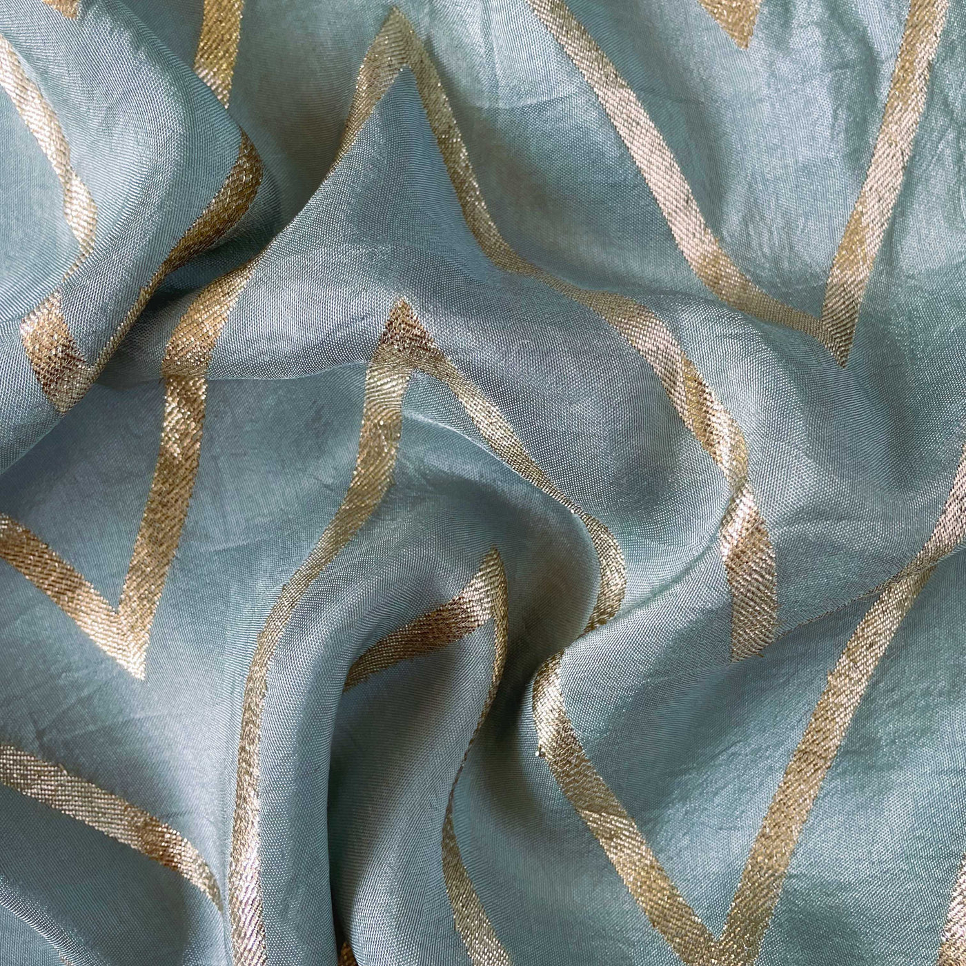 Cloth of Gold Kurta Set Cut Piece (CUT PIECE) Dusty Blue Zig-Zag Cloth of Gold Woven Pure Russian Silk Fabric (Width 44 Inches)
