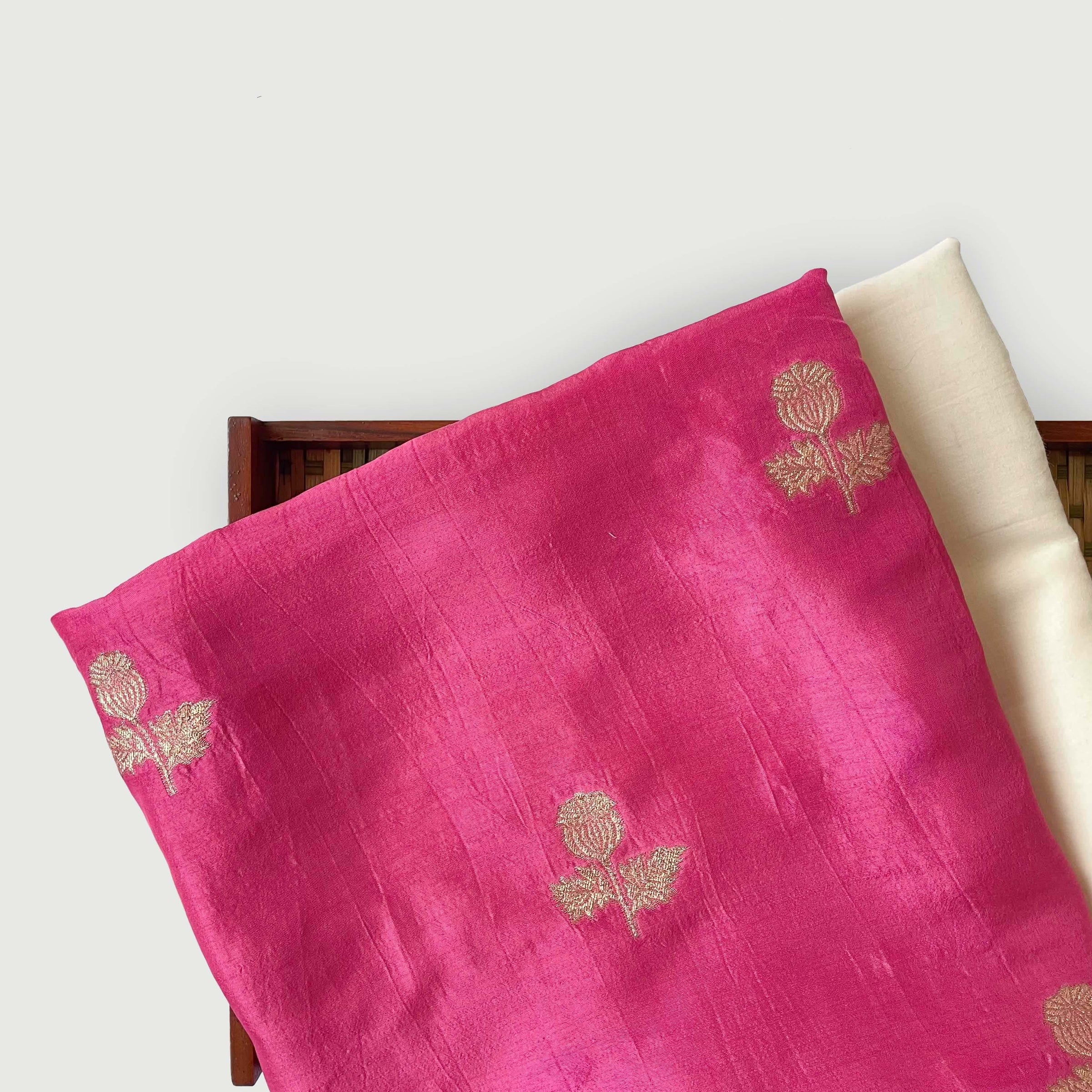 Cloth of Gold Kurta Set Cut Piece (CUT PIECE) Golden Pink Vintage Rose Cloth Of Gold Woven Pure Russian Silk Fabric (Width 36 Inches)