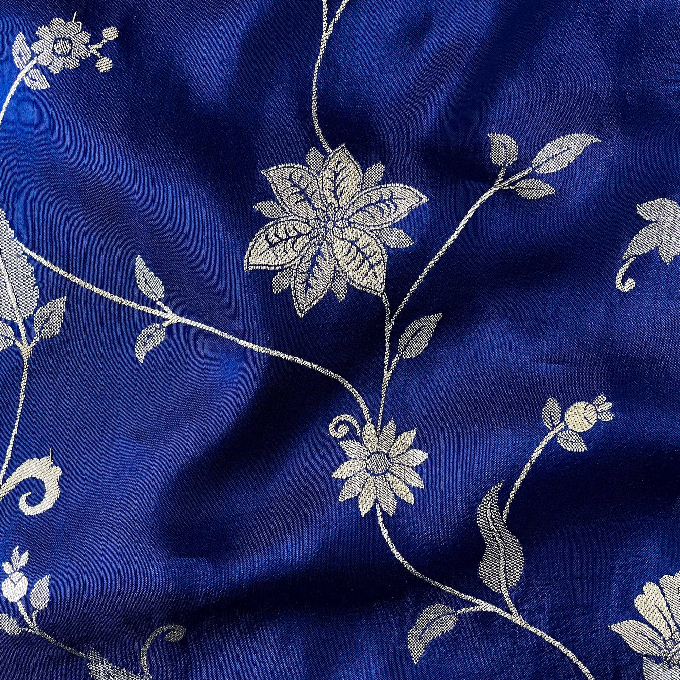 Cloth of Gold Kurta Set Cut Piece (CUT PIECE) Indigo Blue Floral Garden Cloth of Gold Woven Pure Russian Silk Fabric (Width 44 Inches)