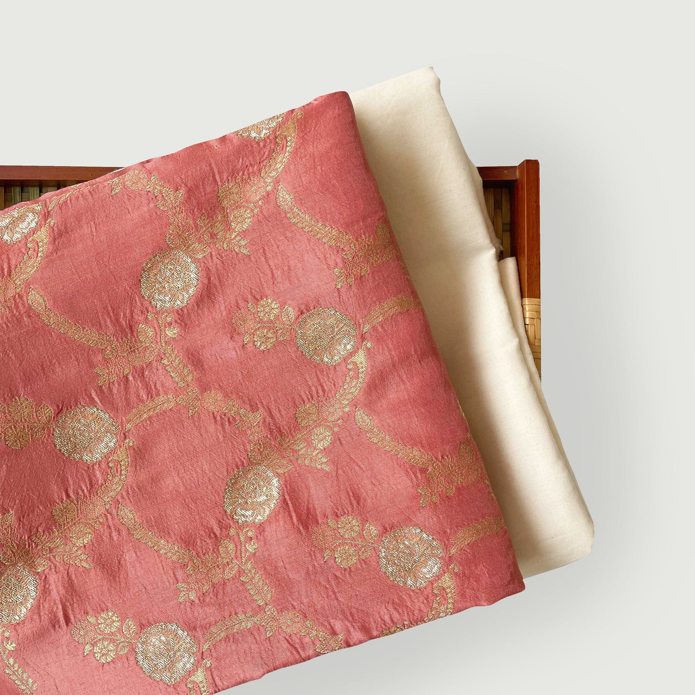 Cloth of Gold Kurta Set Kurta Set Men's Dusty Pink  Floral Vines Cloth of Gold| Woven Pure Russian Silk Kurta Fabric (3 Meters) | and Cotton Pyjama (2.5 Meters) | Unstitched Combo Set